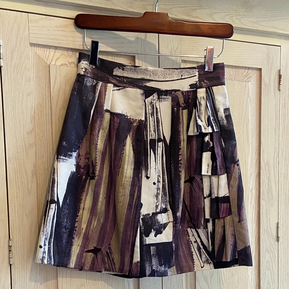 Fei | Silk & Wool Blend | Abstract Brush Stroke Pattern Mini Skirt | Siz…